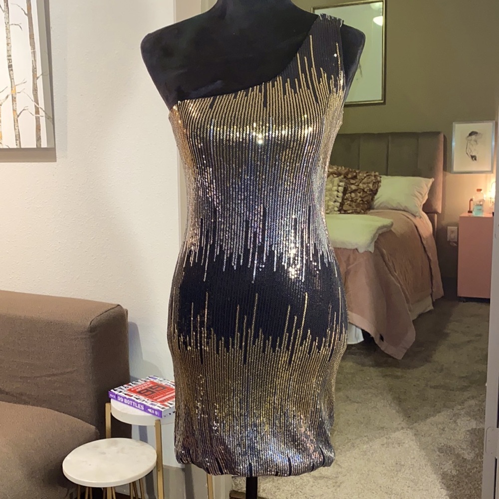 As U Wish black gold silver sequin one shoulder mini dress short tight fitted S‌